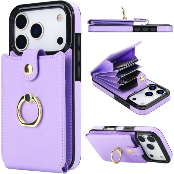 Compatible with iPhone 17 Pro Case Wallet with Card Holder, 360°Rotation Finger Ring Holder Kickstand, RFID Blocking Leather Protective Double Buttons Shockproof Cover 6.3 Inch Purple