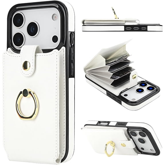 Compatible with iPhone 17 Pro Case Wallet with Card Holder, 360°Rotation Finger Ring Holder Kickstand, RFID Blocking Leather Protective Double Buttons Shockproof Cover 6.3 Inch White