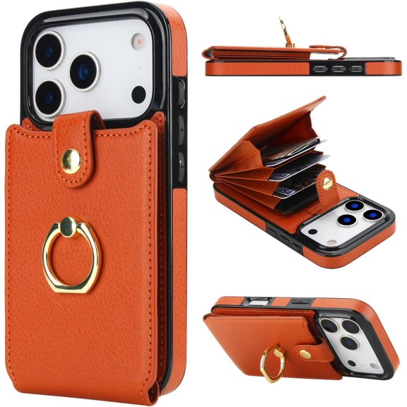 Compatible with iPhone 17 Pro Case Wallet with Card Holder, 360°Rotation Finger Ring Holder Kickstand, RFID Blocking Leather Protective Double Buttons Shockproof Cover 6.3 Inch Brown