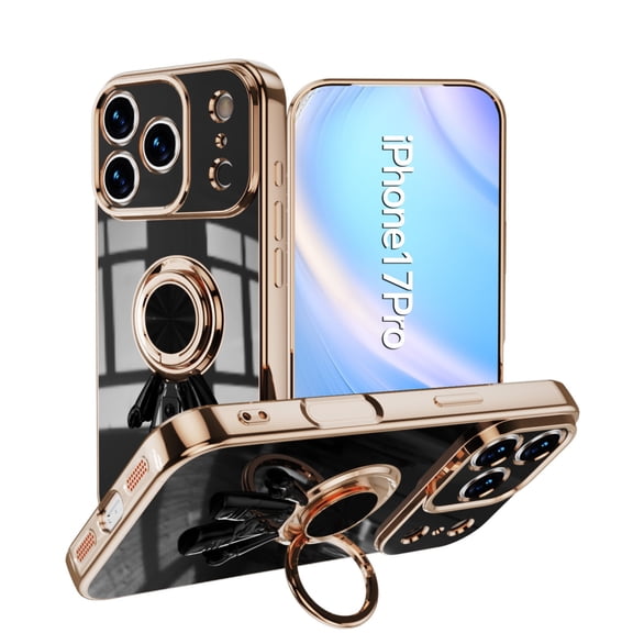 Compatible with iPhone 17 Pro Cute Case with 3D Astronaut 360 Ring Holder Hidden Kickstand Plating Camera Protection Cover Soft Silicone Bumper Phone Case for Women Men,Black