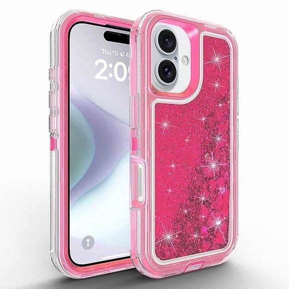 Compatible with iPhone 17 Pro Max /16/15 /14/13 Glitter Case,3-in-1 Heavy Duty Protective Phone Case with Floating Liquid Cover for Women Girl (Rose,for iPhone 14)