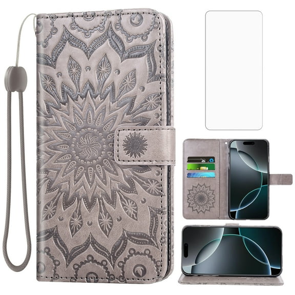 Compatible with iPhone 17 Pro Max 6.9 inch Wallet Phone Case and Tempered Glass Screen Protector Flip Credit Card Holder Stand Mandala Flower Cell Cover for i Phone17 17Pro i17 17P Max Women Men Gray