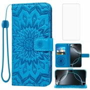 Compatible with iPhone 17 Pro Max 6.9 inch Wallet Phone Case and Tempered Glass Screen Protector Flip Credit Card Holder Stand Mandala Flower Cell Cover for i Phone17 17Pro i17 17P Max Women Men Blue