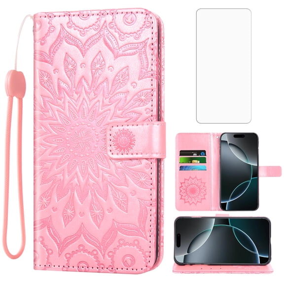Compatible with iPhone 17 Pro Max 6.9 inch Wallet Phone Case and Tempered Glass Screen Protector Flip Credit Card Holder Stand Mandala Flower Cell Cover for i Phone17 17Pro i17 17P Max Women Men Pink