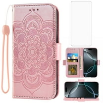 Compatible with iPhone 17 Pro Max 6.9 inch Wallet Phone Case and Tempered Glass Screen Protector Flip Credit Card Holder Stand Mandala Flower Cell Cover for i Phone17 17Pro i17 17P Max Women Men Pink