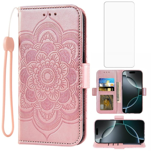 Compatible with iPhone 17 Pro Max 6.9 inch Wallet Phone Case and Tempered Glass Screen Protector Flip Credit Card Holder Stand Mandala Flower Cell Cover for i Phone17 17Pro i17 17P Max Women Men Pink