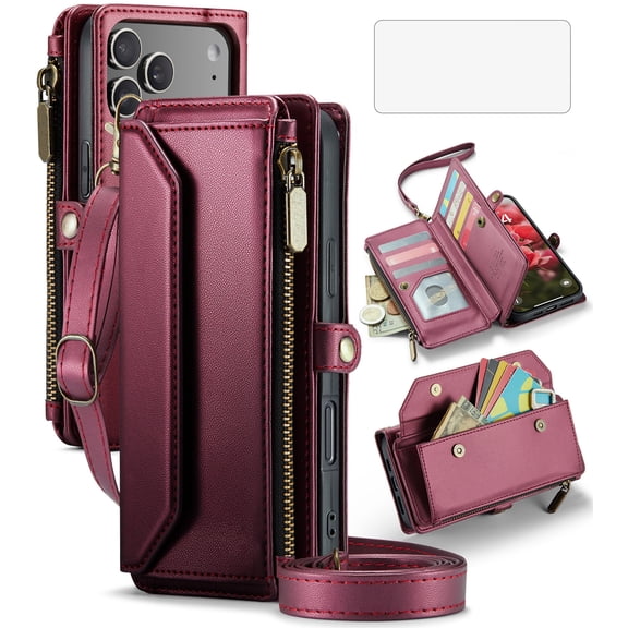 Compatible with iPhone 17 Pro Max 6.9 inch Zipper Wallet Phone Case Tempered Glass Screen Protector Crossbody Lanyard Strap Flip Card Holder Slot Cell Cover for i Phone17 17Pro i17Max Women Wine Red