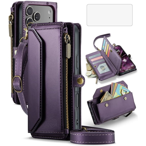 Compatible with iPhone 17 Pro Max 6.9 inch Zipper Wallet Phone Case Tempered Glass Screen Protector Crossbody Lanyard Strap Flip Card Holder Slot Cell Cover for i Phone17 17Pro i17ProMax Women Purple