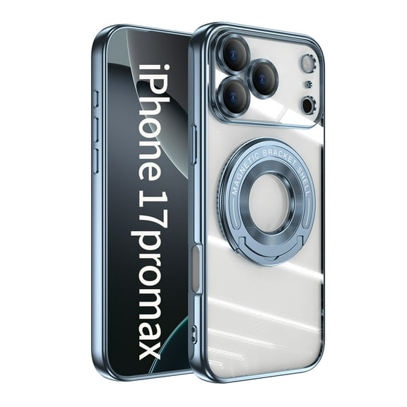 Compatible with iPhone 17 Pro Max Case with 360° Spin Magnetic Ring Stand [Compatible with MagSafe] Full Camera Lens Protector Plating Clear Luxury Phone Case for iPhone 17 Pro Max, Blue
