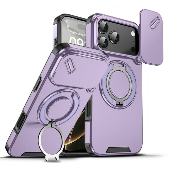 Compatible with iPhone 17 Pro Max Case with Camera Lens Slide Cover Magnetic Ring Stand [Compatible with MagSafe] Shockproof Heavy Duty Military Phone Case for iPhone 17 Pro Max,Purple