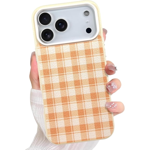 Compatible with iPhone 17 Pro Max Case Cute Chic Checkered Phone Case for Women Girls Girly Aesthetic, Dual-Layer Protection Shockproof Cover for 17 Pro Max 6.9 Inch, Orange Checkered