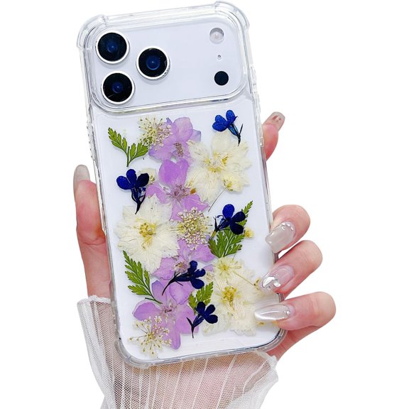 Compatible with iPhone 17 Pro Max Case Cute Pressed Dried Real Flowers Design Women Girly Shockproof Gliter Bling Floral Clear Phone Cover for iPhone 17 Pro Max (Purple Flower)