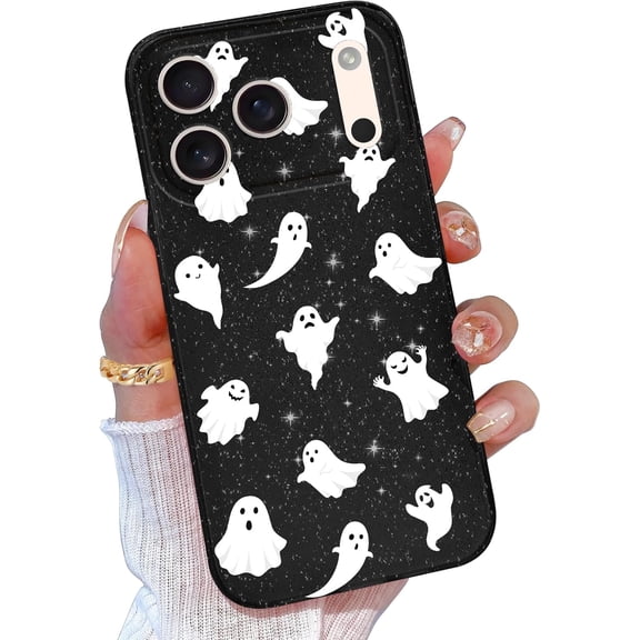 Compatible with iPhone 17 Pro Max Case Halloween, Cute Halloween Phone Case for Women Girls Boys Girly, Glitter Sparkly Bling with Ghosts Pattern Soft Cover for 17 Pro Max, White Ghosts