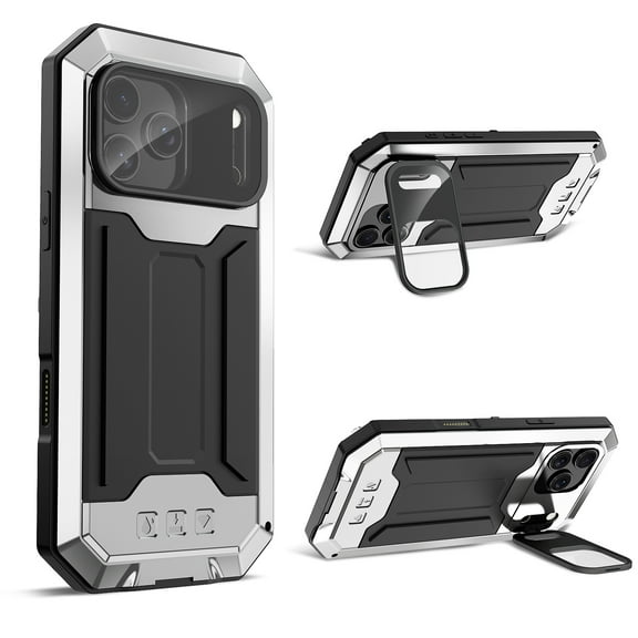 Compatible with iPhone 17 Pro Max Case, Heavy Dustproof Shockproof Military Grade Rugged Durable Aluminum Metal Case Cover with Kickstand Screen Protector for iPhone 17 Pro Max, Silver