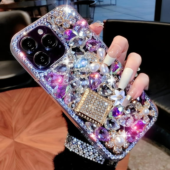 Compatible with iPhone 17 Pro Max Case Luxury Cute Bling Design Rhinestone Diamond Glitter Sparkle Girly Protective Phone Cover Case for Women Girl Purple