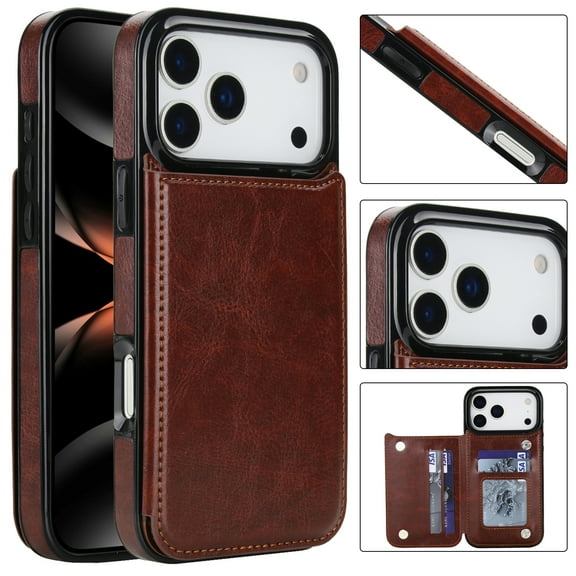 Compatible with iPhone 17 Pro Max Case, with PU Leather Credit Card Holder Magnetic Back Stand Cell Accessories Flip Purse Slim Design Phone Cover for iPhone 17 Pro Max Women Men, Brown