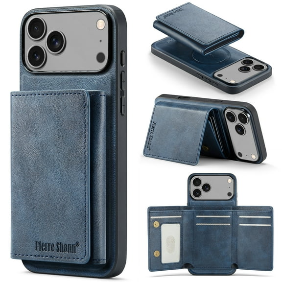 Compatible with iPhone 17 Pro Max Case, PU Leather Wallet Cover with Detachable Magnetic RFID Blocking Card Holder Kickstand, Classic Business Style Protective Design for iPhone 17 Pro Max, Blue