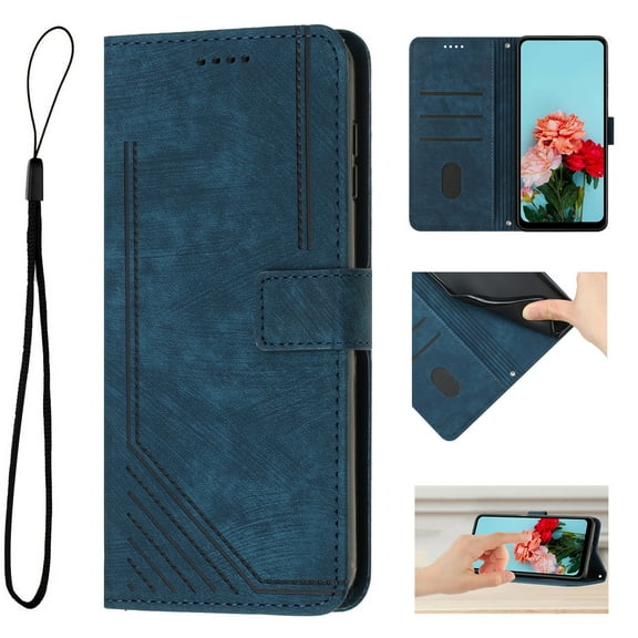 Compatible with iPhone 17 Pro Max Case Wallet, [Wrist Strap] RFID Blocking 3 Card Slot & 1 Cash Slot [Shockproof TPU Shell], Retro Folio PU Leather Magnetic Flip Stand Cover,Blue