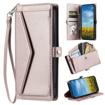 Compatible with iPhone 17 Pro Max Envelope Style Wallet Case, with Wrist Strap Crossbody Strap, Flip Card Holder Stand Rugged Cell Phone Cover for iPhone 17 Pro Max Women Men - Rosegold