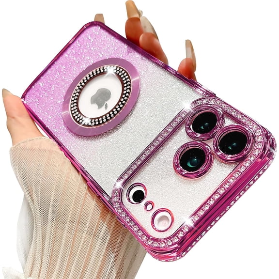 Compatible with iPhone 17 Pro Max Magnetic Glitter Case Compatible with Magsafe Luxury Bling Rhinestone Case with Logo View Plating Sparkle Diamond Camera Lens Protection for Women Girls