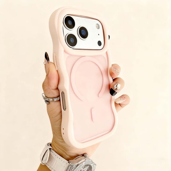 Compatible with iPhone 17 Pro Max  Magnetic Phone Case,Fit For Mag-Safe,Cute Curly Wave Frame Design,TPU Bumper Shockproof Protective Translucent Skin Feel Thin Fit Phone Case,Pink
