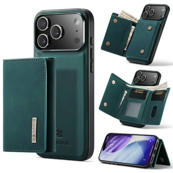 Compatible with iPhone 17 Pro Max Removable 2 in 1 Wallet Case,Retro Premium PU Leather Cell Phone Back Cover Magnetic Detachable with Trifold Wallet Credit Card Cash Holder Kickstand Case,Green