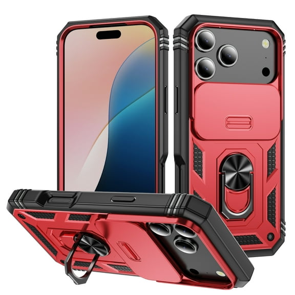 Compatible with iPhone 17 Pro Max with Sliding Cover Lens Protection & Kickstand, Built-in 360° Rotate Ring Stand Magnetic Card Slot Hybrid Cover Case for iPhone 17 Pro Max, Red+Black
