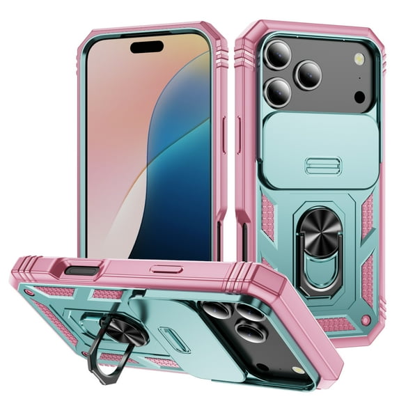 Compatible with iPhone 17 Pro Max with Sliding Cover Lens Protection & Kickstand, Built-in 360° Rotate Ring Stand Magnetic Card Slot Hybrid Cover Case for iPhone 17 Pro Max, Green+Pink