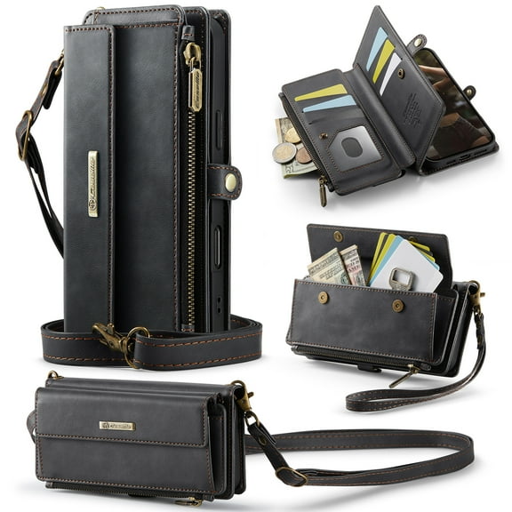 Compatible with iPhone 17 Pro Max Wallet Case, Women Men RFID Blocking PU Leather Flip Cover Zipper Pocket Card Slots Phone Case for iPhone 17 Pro Max, Wrist Strap & Crossbody Strap, Black