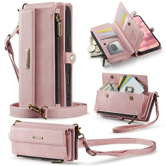 Compatible with iPhone 17 Pro Max Wallet Case, Women Men RFID Blocking PU Leather Flip Cover Zipper Pocket Card Slots Phone Case for iPhone 17 Pro Max, Wrist Strap & Crossbody Strap, Pink