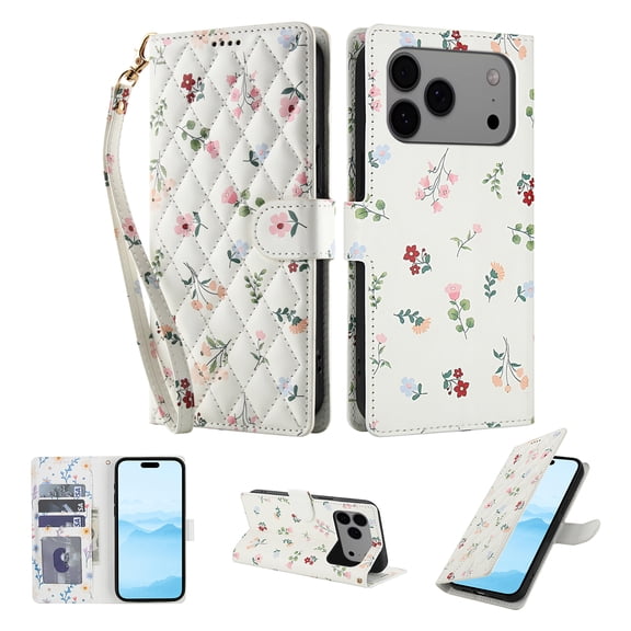 Compatible for iPhone 17 Pro Max Wallet Case with Wrist Strap, Women Girls Flower Pattern PU Leather Shockproof Protective Folio Cover with Card Holder Kickstand for iPhone 17 Pro Max, Pattern-A