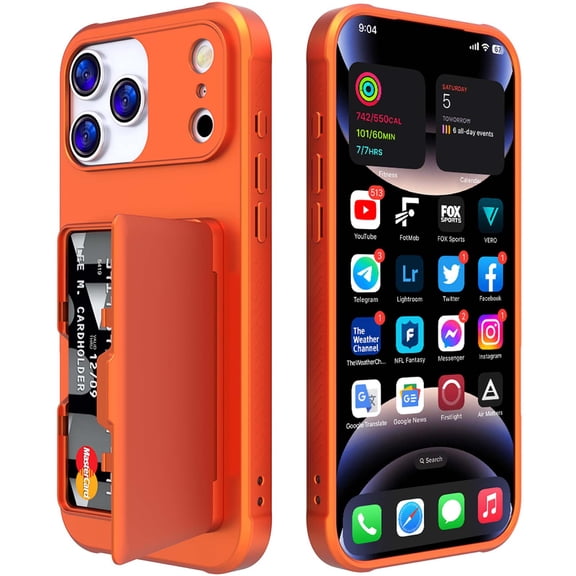 Compatible with iPhone 17 Pro Max Wallet Phone Case,Back Flip Kickstand,With Card Holder(Store 4-5 Cards and Folded Money),Built-in Mirror,Heavy Duty Shockproof Anti-Scratch Phone Case,Orange