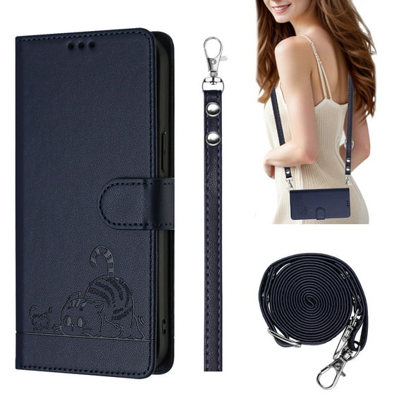 Compatible with iPhone 17 Pro Max Wrist Strap, Crossbody Strap, Lovely Cat Embossed PU Leather Flip Card Holder Stand Phone Cover for iPhone 17 Pro Max Case Women Girls with RFID Blocking - Blue