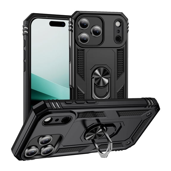 Compatible with iPhone 17 Pro Protective Case,Heavy Duty Shockproof Armor Phone Case with 360° Rotating Metal Ring Holder Kickstand Military Grade Protection Rugged Cover,Black