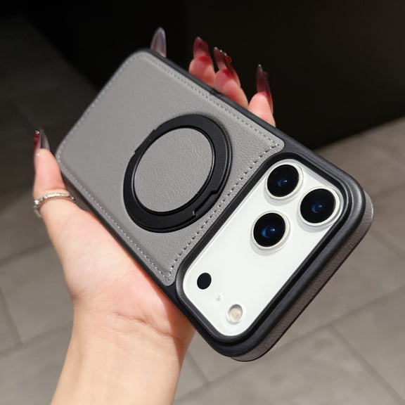 Compatible for iPhone 17 Pro Stand Case, Slim Shockproof Protective Rotating Magnetic Ring Bracket Classic PU Leather Phone Cover for iPhone 17 Pro, Gray