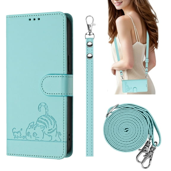 Compatible with iPhone 17 Pro Wrist Strap, Crossbody Strap, Lovely Cat Embossed PU Leather Flip Card Holder Stand Phone Cover for iPhone 17 Pro Case Women Girls with RFID Blocking - Mint
