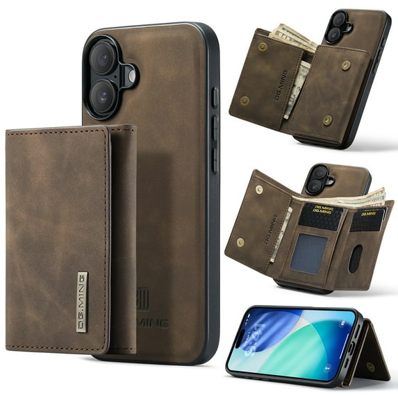 Compatible with iPhone 17 Removable 2 in 1 Wallet Case,Retro Premium PU Leather Cell Phone Back Cover Magnetic Detachable with Trifold Wallet Credit Card Cash Holder Kickstand Case,Coffee