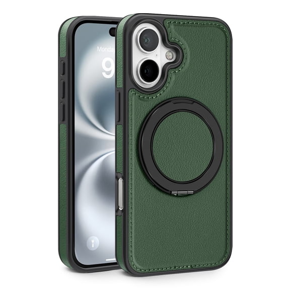 Compatible for iPhone 17 Stand Case, Slim Shockproof Protective Rotating Magnetic Ring Bracket Classic PU Leather Phone Cover for iPhone 17, Darkgreen