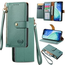 Compatible with iPhone 17,Wallet Case with Card Holder, RFID Blocking PU Leather Case Flip Kickstand Cover Wrist Strap Zipper Pocket Credit Card Slots Shockproof for Women Men,Green