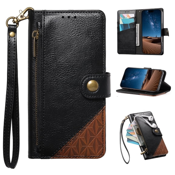 Compatible with iPhone 17 Wallet Phone Case - PU Leather Magnetic Flip Cover with Credit Card Slots Zipper Pocket & Detachable Wrist Strap, Shockproof Design, for Women and Men - Black