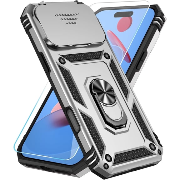 Compatible with iPhone 17 pro max Case with HD Screen Protector & Slide Camera Cover & Rotated Ring Kickstand, [Military-Grade] iPhone Case for iPhone 17 Air, Silver