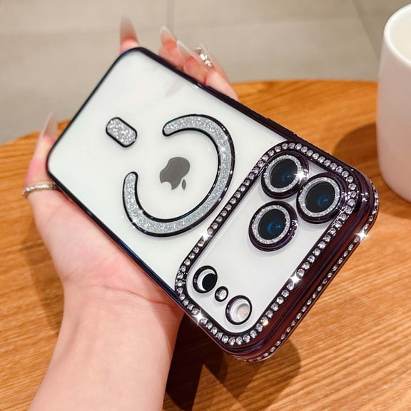 Compatible With iPhone 18 Pro Max Glitter Clear Phone Case,Support Wireless Charging,With Lens Film,Border Drilling Designing,Luxury Shockproof Rugged Transparent Phone Case,Darkpurple