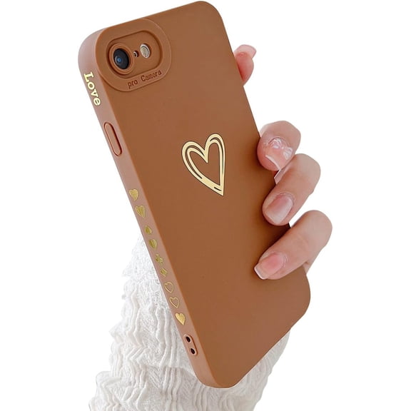 Compatible with iPhone 6/6S Case for Women Girl,Cute Plated Love Heart with Full Camera Lens Protection Case Soft Silicone TPU Anti-Scratch Protective Cover for iPhone 6/6s-Brown