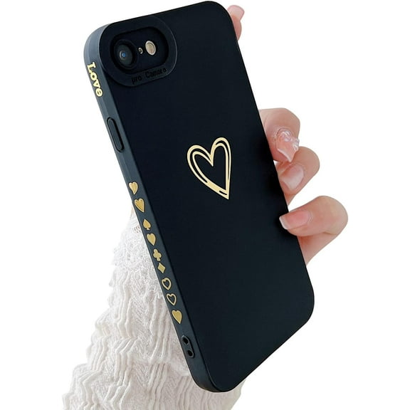 Compatible with iPhone 6/6S Case for Women Girl,Cute Plated Love Heart with Full Camera Lens Protection Case Soft Silicone TPU Anti-Scratch Protective Cover for iPhone 6/6s-Black