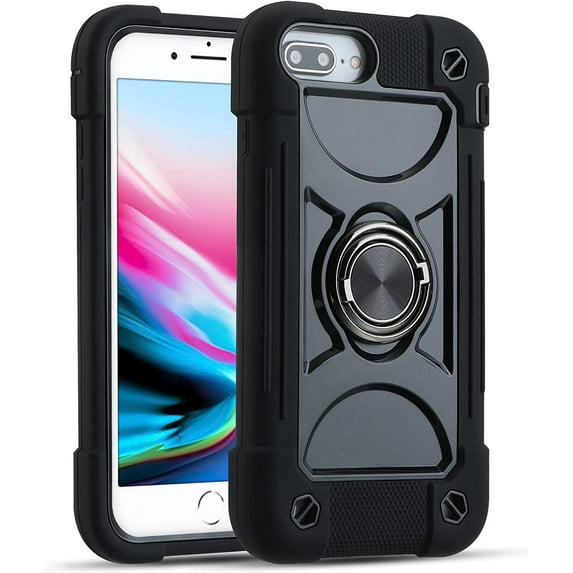 Compatible with iPhone 6 Plus/6S Plus Case,iPhone 7 Plus case/iPhone 8 Plus Case 5.5 Inch with Ring Stand, Heavy-Duty Military Grade Shockproof Phone Cover with Magnetic Car Mount. (Black)