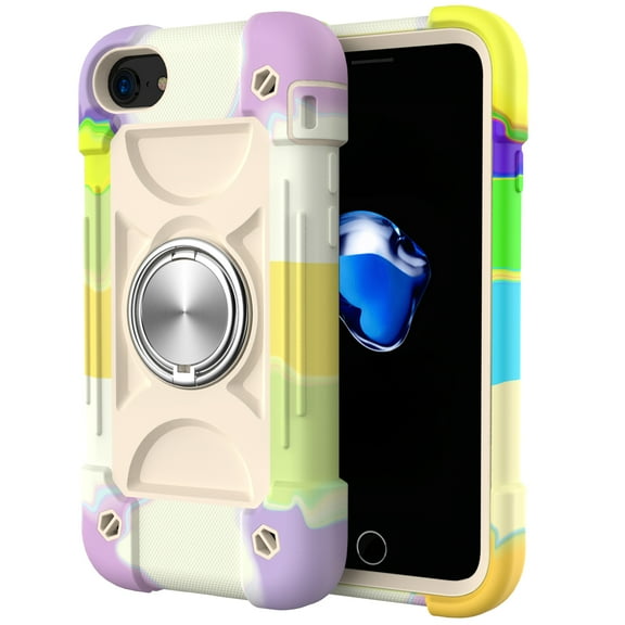 Compatible with iPhone 6 Plus, iPhone 6S Plus Case with 360°Rotate Ring Stand Holder, Military Grade Shockproof Drop Protection Rugged Heavy Duty Case 3 in 1 Protective Cover, Beige Purple