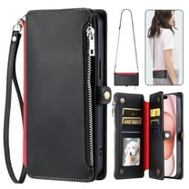 Compatible with iPhone 6s/6 Wallet Case [RFID Blocking] Crossbody Strap Case PU Leather Zipper Pocket with Wrist Lanyard Magnetic Flip Kickstand Credit Card Holder Phone Case,Black