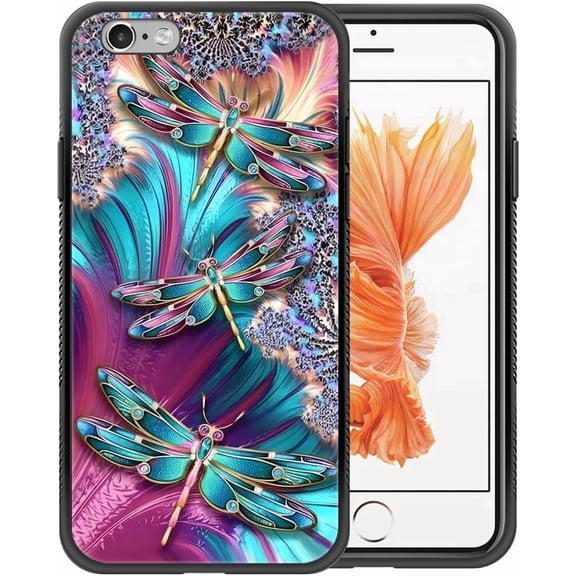 Compatible with iPhone 6s Plus Case,Pattern Design Hard PC Back Cover Non-Slip Soft TPU Protective Case for iPhone 6s Plus for Women 5.5inch-Colorful Dragonflies