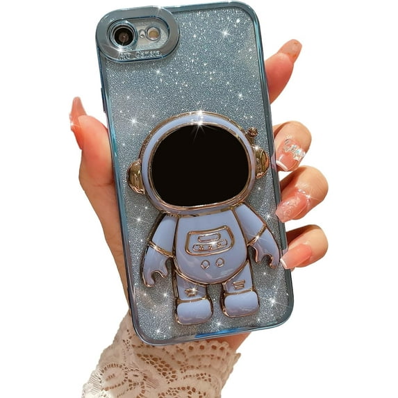 Compatible for iPhone 7/8 4.7 Inch Bling Plating Astronaut Hidden Stand Case, Cute 6D Stand Glitter Phone Case for Women Girls Soft TPU Shockproof Back Cover - Blue