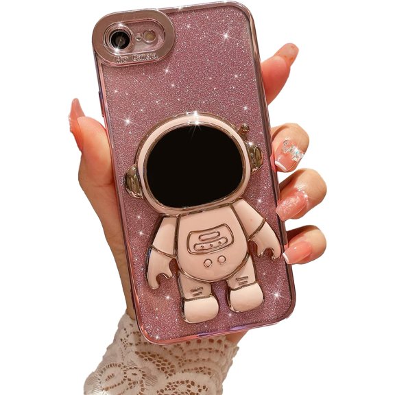 Compatible for iPhone 7/8 4.7 Inch Bling Plating Astronaut Hidden Stand Case, Cute 6D Stand Glitter Phone Case for Women Girls Soft TPU Shockproof Back Cover - Pink